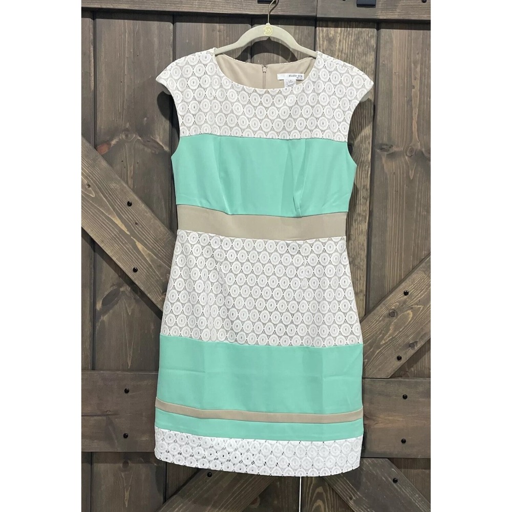 Studio One NY Mint Green Ivory Lace Color Block Sleeveless Dress‎ Women's Size 6